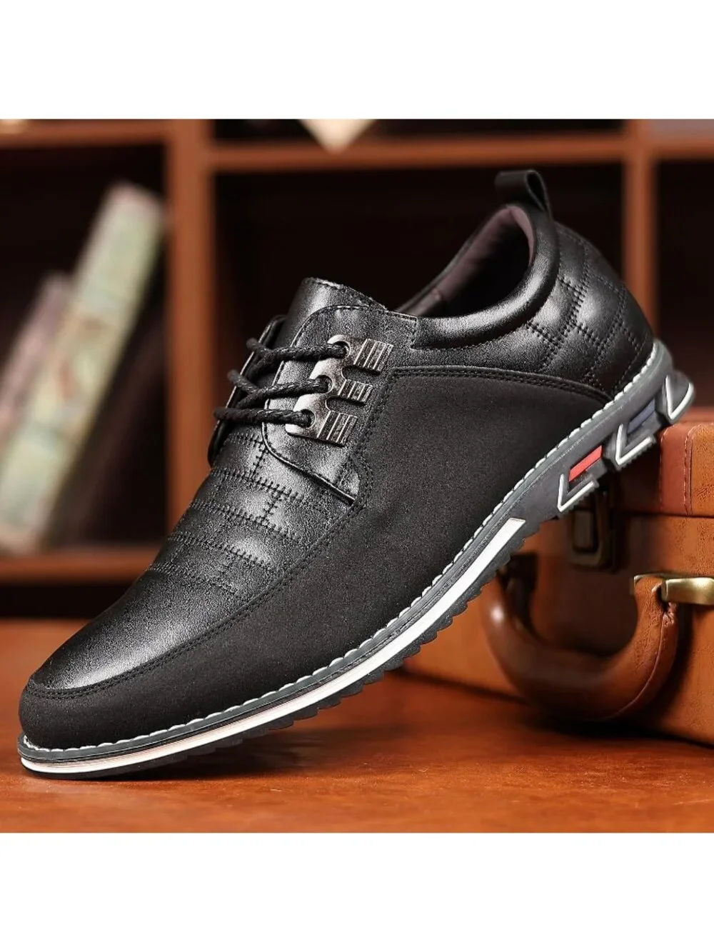 Men's Black Grid Textured Lace-Up Two-tone Flexible Derby Oxfords Dress Sneaker